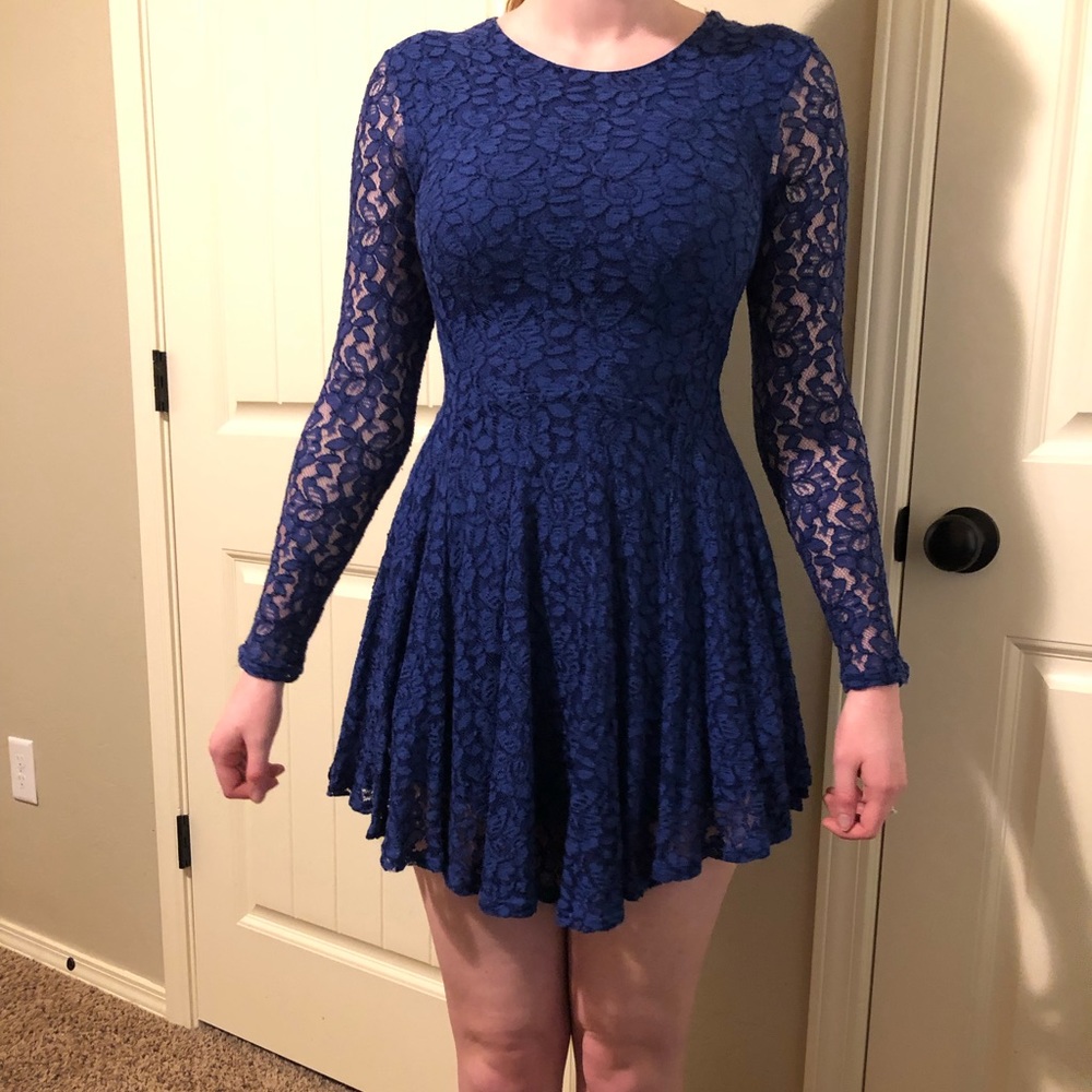 Blue lace high low skater dress